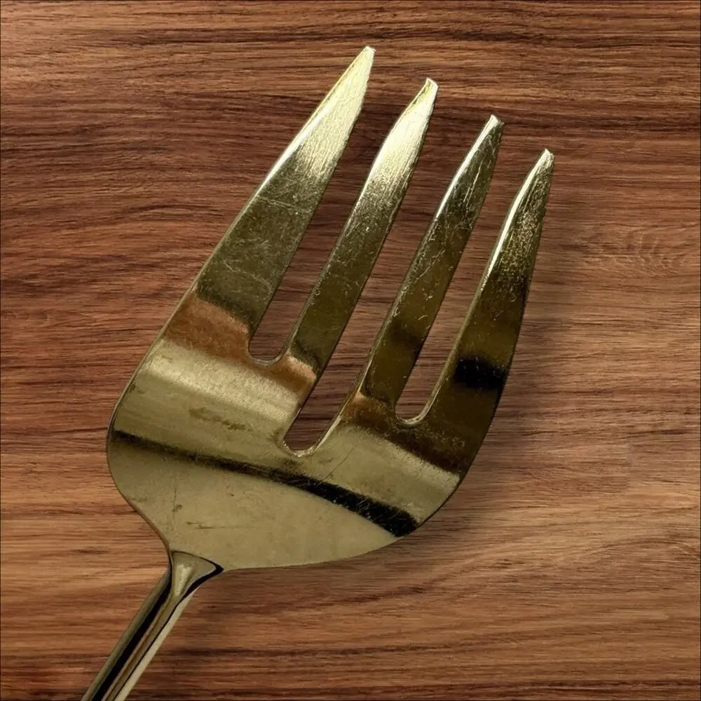 Vintage Serving Spoon & Fork Set Gold Tone Brass Handles MCM Hollywood Regency